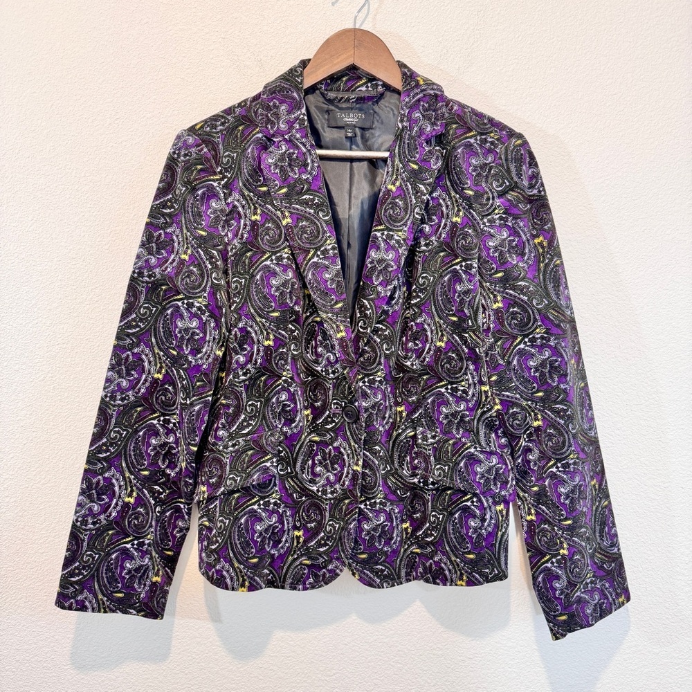 Talbots Velvet Paisley Blazer Boho Mod Statement Jacket Petite 14P Artsy Chic